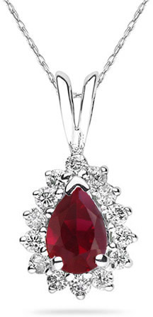 7mm x 5mm Pear Shaped Ruby and Diamond Flower Pendant in 14K White Gold
