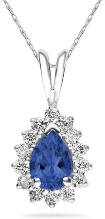 7mm x 5mm Pear Shaped Sapphire and Diamond Flower Pendant in 14K White Gold