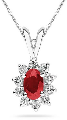 6mm x 4mm Oval Shaped Ruby and Diamond Flower Pendant in 14K White Gold