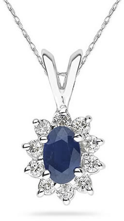 6mm x 4mm Oval Shaped Sapphire and Diamond Flower Pendant in 14K White Gold