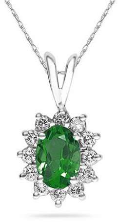 7mm x 5mm Oval Shaped Emerald and Diamond Flower Pendant in 14K White Gold