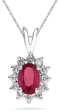 7mm x 5mm Oval Shaped Ruby and Diamond Flower Pendant in 14K White Gold