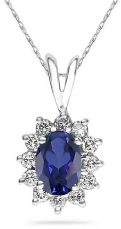 7mm x 5mm Oval Shaped Sapphire and Diamond Flower Pendant in 14K White Gold