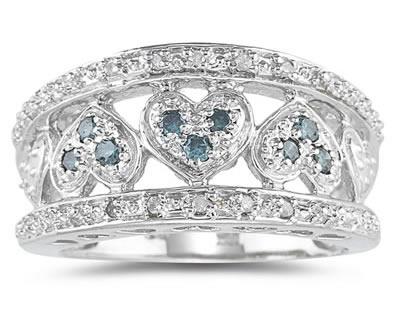 Blue and White Diamond Heart Ring in 10K White Gold