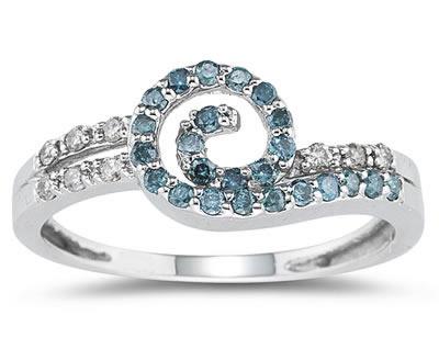 Blue and White Diamond Swirl Ring, 14K White Gold