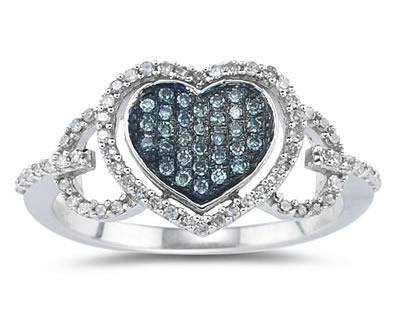 Blue and White Diamond Heart Ring in 10K White Gold