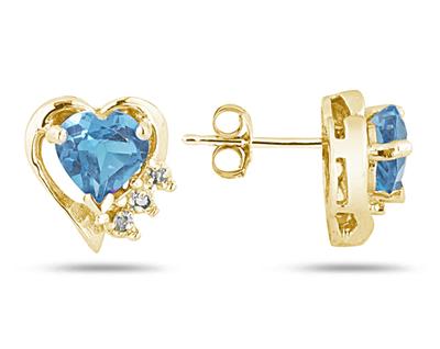 Blue Topaz and Diamond Heart Earrings, 10K Yellow Gold