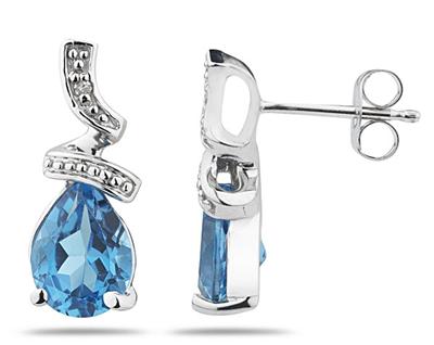 Pear Shaped Blue Topaz and Diamond Earrings, 10K White Gold