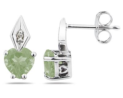 Heart Shape Green Amethyst and Diamond Earrings, 10K White Gold