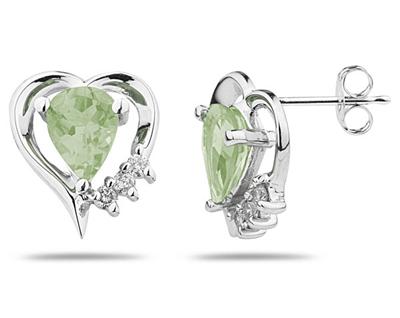 Pear Shaped Green Amethyst and Diamond Heart Earrings, 10K White Gold