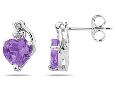 Heart Shape Amethyst and Diamond Earrings, 10K White Gold