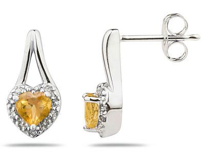 Citrine and Diamonds Heart Earrings, 10K White Gold
