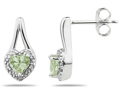 Green Amethyst and Diamonds Heart Shape Earrings, 10K White Gold