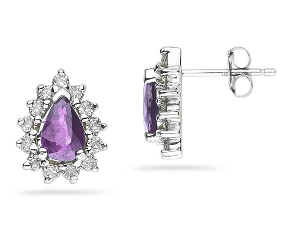 6mm x 4mm Pear Shaped Amethyst and Diamond Flower Earrings in 14K White Gold