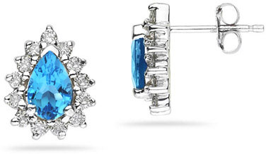 6mm x 4mm Pear Shaped Blue Topaz and Diamond Flower Earrings in 14K White Gold