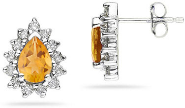 6mm x 4mm Pear Shaped Citrine and Diamond Flower Earrings in 14K White Gold