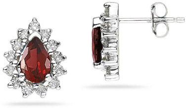6mm x 4mm Pear Shaped Garnet and Diamond Flower Earrings in 14K White Gold