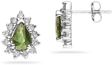 6mm x 4mm Pear Shaped Peridot and Diamond Flower Earrings in 14K White Gold