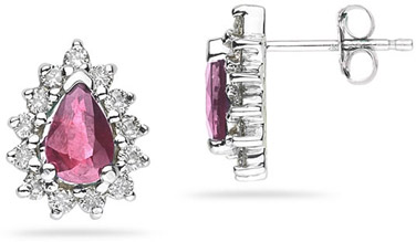 6mm x 4mm Pear Shaped Pink Topaz and Diamond Flower Earrings in 14K White Gold