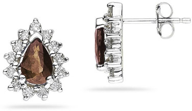 6mm x 4mm Pear Shaped Smokey Quartz and Diamond Flower Earrings in 14K White Gold