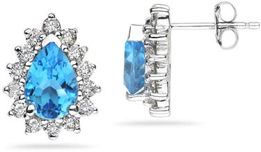 7mm x 5mm Pear Shaped Blue Topaz and Diamond Flower Earrings in 14K White Gold