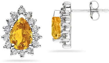 7mm x 5mm Pear Shaped Citrine and Diamond Flower Earrings in 14K White Gold