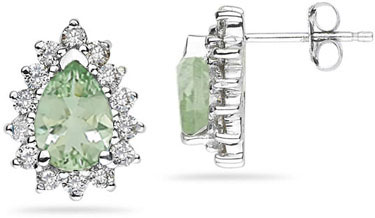 7mm x 5mm Pear Shaped Green Amethyst and Diamond Flower Earrings in 14K White Gold