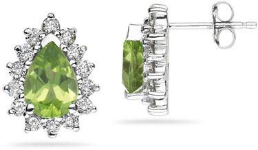7mm x 5mm Pear Shaped Peridot and Diamond Flower Earrings in 14K White Gold