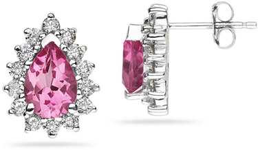 7mm x 5mm Pear Shaped Pink Topaz and Diamond Flower Earrings in 14K White Gold