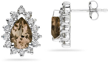 7mm x 5mm Pear Shaped Smokey Quartz and Diamond Flower Earrings in 14K White Gold
