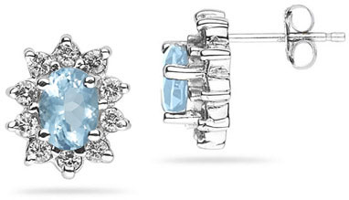 6mm x 4mm Oval Shaped Aquamarine and Diamond Flower Earrings in 14K White Gold