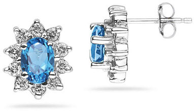 6mm x 4mm Oval Shaped Blue Topaz and Diamond Flower Earrings in 14K White Gold