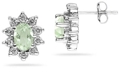 6mm x 4mm Oval Shaped Green Amethyst and Diamond Flower Earrings in 14K White Gold