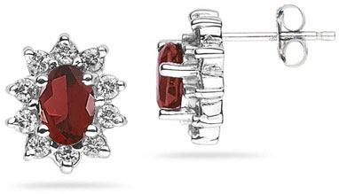6mm X 4mm Oval Shaped Garnet and Diamond Flower Earrings in 14K White Gold