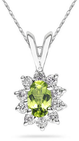 6mm x 4mm Oval Shaped Peridot and Diamond Flower Pendant, 14K White Gold