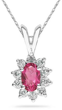 6mm x 4mm Oval Shaped Pink Topaz and Diamond Flower Pendant, 14K White Gold