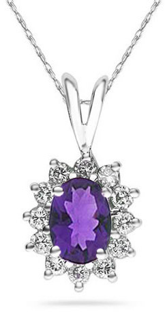 7mm x 5mm Oval Shaped Amethyst and Diamond Flower Pendant, 14K White Gold