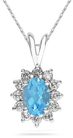 7mm x 5mm Oval Shaped Blue Topaz and Diamond Flower Pendant, 14K White Gold