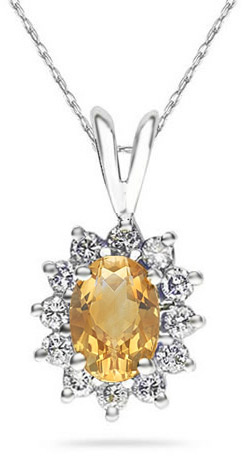 7mm x 5mm Oval Shaped Citrine and Diamond Flower Pendant, 14K White Gold