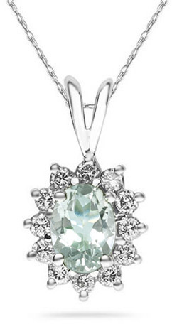 7mm x 5mm Oval Shaped Green Amethyst and Diamond Flower Pendant, 14K White Gold