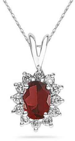 7mm x 5mm Oval Shaped Garnet and Diamond Flower Pendant, 14K White Gold
