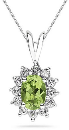 7mm x 5mm Oval Shaped Peridot and Diamond Flower Pendant, 14K White Gold