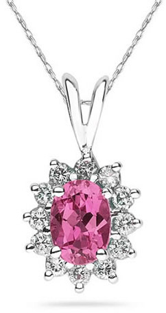 7mm x 5mm Oval Shaped Pink Topaz and Diamond Flower Pendant, 14K White Gold