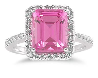 Emerald Cut Pink Topaz and Diamond Ring 14K White Gold