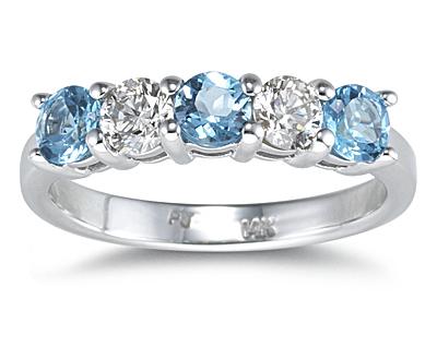 Five Stone Blue Topaz and Diamond Ring,14K White Gold