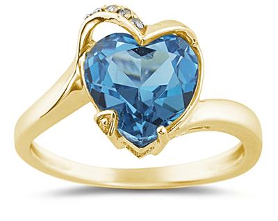 Heart Shaped Blue Topaz and Diamond Ring, 14K Yellow Gold