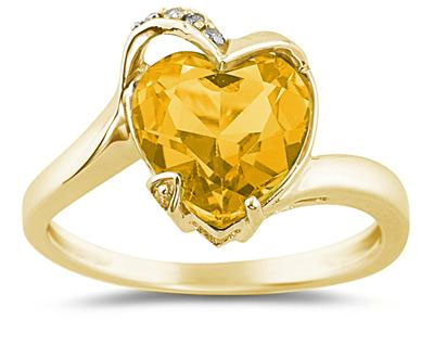 Heart Shaped Citrine and Diamond Ring, 14K Yellow Gold