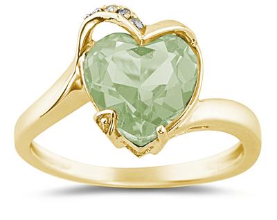 Heart Shaped Green Amethyst and Diamond Ring, 14K Yellow Gold