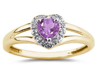 Heart Shaped Amethyst and Diamond Ring, 10K Yellow Gold