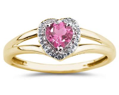 Heart Shaped  Pink Topaz and Diamond Ring, 10K Yellow Gold